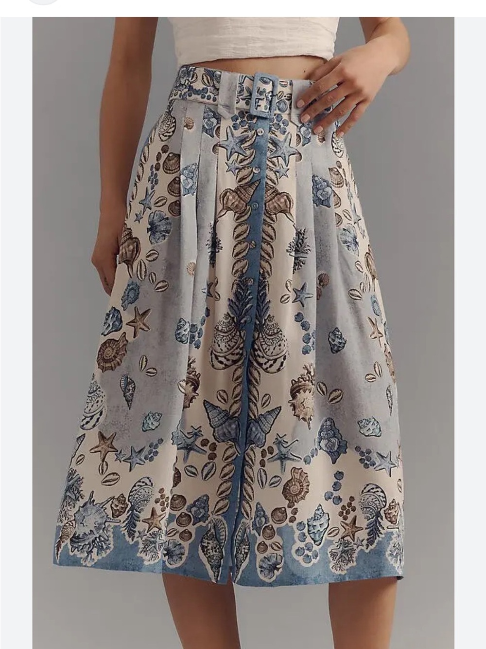 Anthropologie Ranna Gill Linen Blend Belted Seashell Midi Skirt Size XL